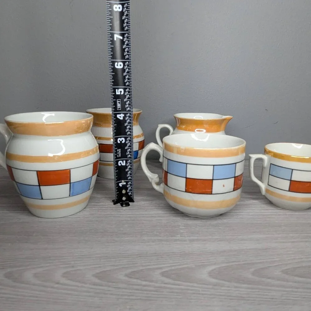 Vintage Czechoslovakia Geometric Ceramic Lusterware Cups & Small Pitcher 5 Piece